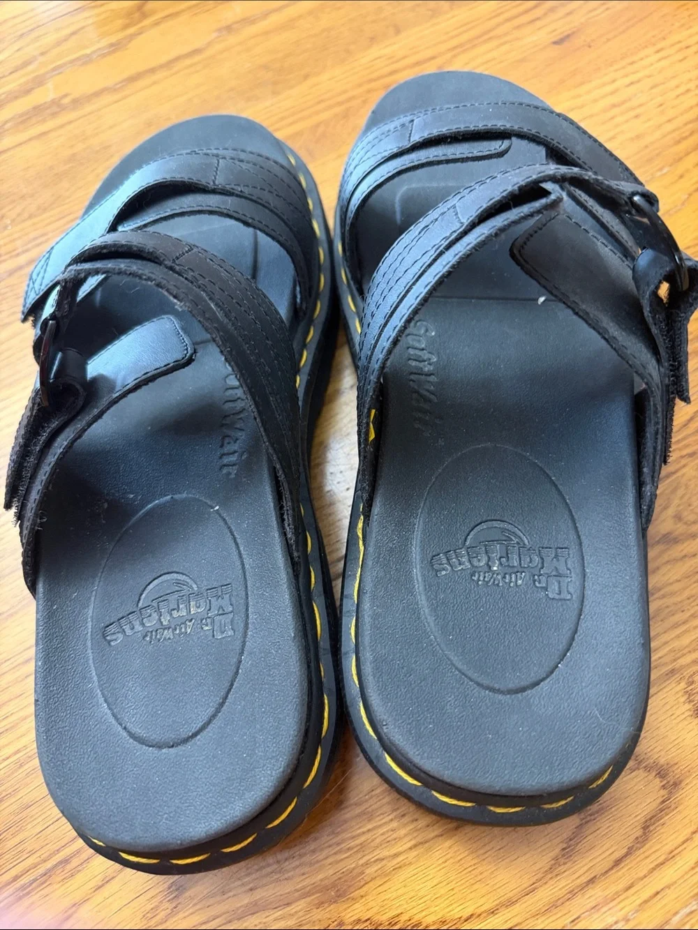 Dr. Martens Black Leather Slide Sandals with Yellow Stitching